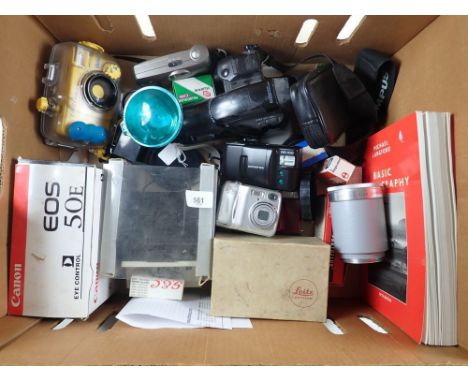 A box of cameras to include Canon E0S 50E and Polaroid hand camera