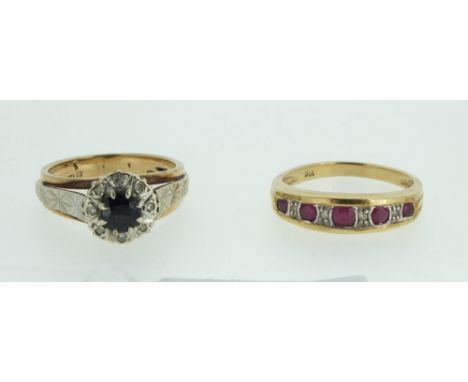 A 9ct gold ruby and chip diamond ring and a sapphire and diamond cluster ring