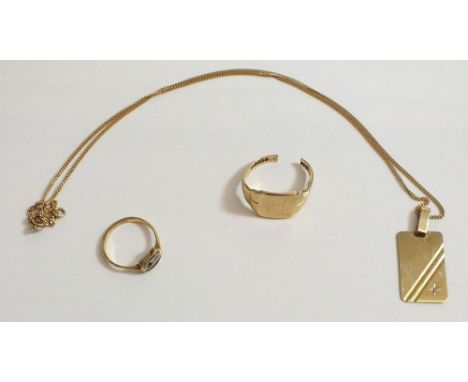 A damaged 9ct gold signet ring, a 9 carat ring set diamond a/f and a 9 carat gold pendant and gold chain, total weight 9.6g