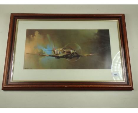 Barrie A.F. Clark -  coloured print of a Spitfire in the clouds, 25 x 50cm
