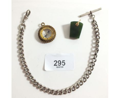 A silver albert chain, stone fob and compass fob