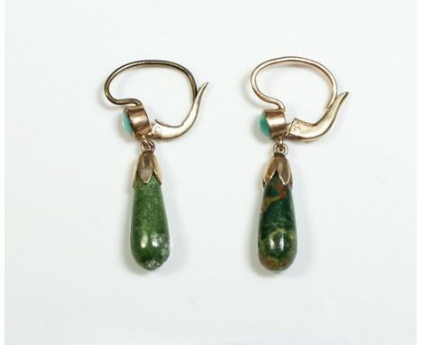 A pair of turquoise and jade pendant earrings on 9 carat gold pierced fittings