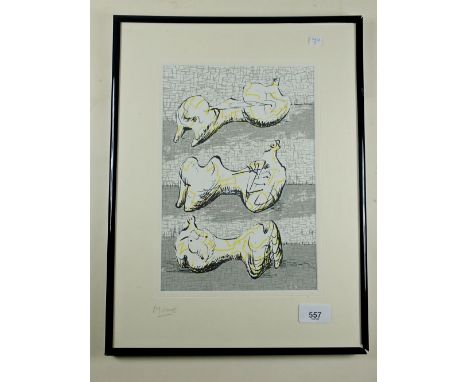 A Henry Moore original lithograph of three reclining figures 1972.   Signed to mount.   Glazed and framed.  27cm by 19cm.