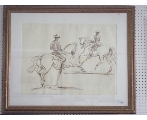 A large print of watercolour sketch of two prancing show horses and riders - 45 x 59cm