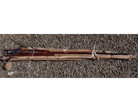 A selection of seven vintage fly and other fishing rods together with a salmon hook (A/F)