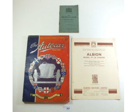 An Autocar magazine 1895, an Albion FT 3A chassis trade brochure and vintage Highway Code