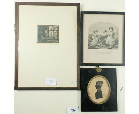 A Victorian silhouette of a woman and an engraving of an old man reading with woman watching from a window and another print