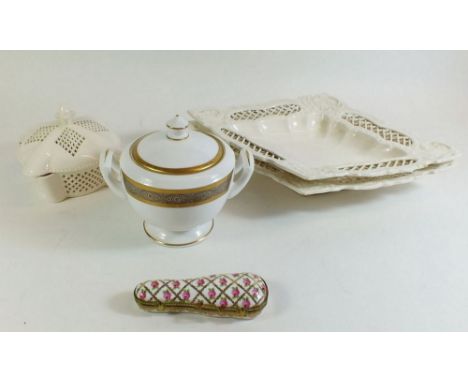 Two Leeds creamware style lozenge form dishes, a similar covered bowl plus Worcester sugar bowl and a Limoges novelty violin 