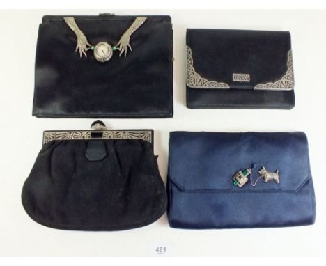 A group of four black satin vintage evening bags with applied silver and marcasite decoration including one with pair of hand