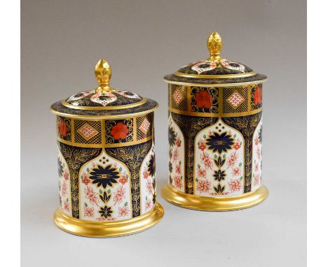 Royal Crown Derby Old Imari Biscuit Barrel, 23cm high, together with an other smaller exampleSmallest 20cm high.Both in good 