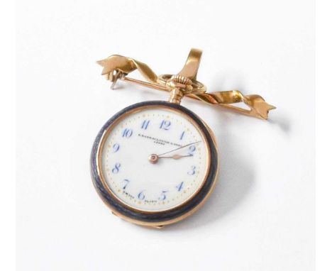 A Lady's 15 Carat Gold Enamel Fob Watch, retailed by Z.Barraclough &amp; Sons, Leeds, case with a London gold import mark, an