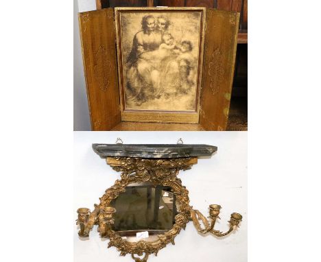 A Carved Twin Light Girandole/Wall Bracket; together with a printed religious scene as a wall plaque