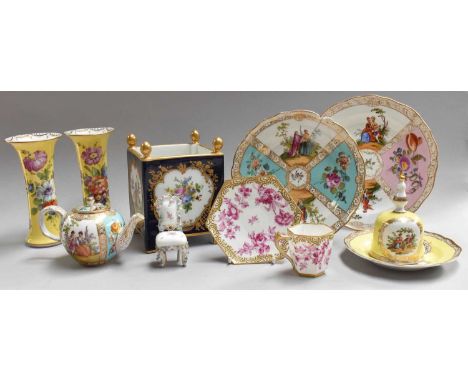 A Collection of British and European Porcelain, including Helena Wolfoshn miniature turquoise ground teapot ans similar wares