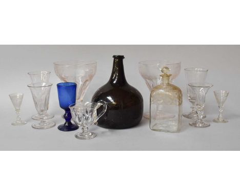 A Green Glass String-Necked Wine Bottle, 18th century, together with a quantity of other 18th century and later glasses inclu
