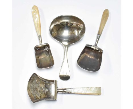 Four Various George III or Later Silver or Silver Mounted Caddy-Spoons, three with shovel-shaped bowls and mother-of-pearl ha