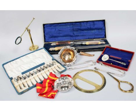 A Collection of Assorted Silver and Silver Plate, the silver including a pair of George III provincial silver sugar-tongs, by