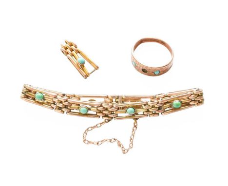 A Turquoise Gate Link Bracelet, clasp stamped '9CT', length 16.5 (a.f.); and A 9 Carat Gold Turquoise Ring, finger size L1/2 