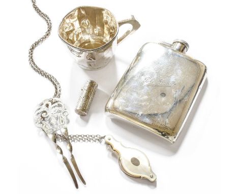 A Collection of Assorted Silver, including a hip flask, engraved 'Pete Smith Palmer Flats Hotel Aysgarth', by William Neale a