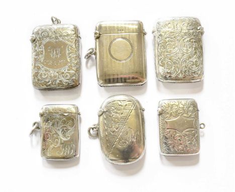 A Collection of Six Various Silver Vesta-Cases, Each Marked for Birmingham, five variously engraved with foliage, one engine-