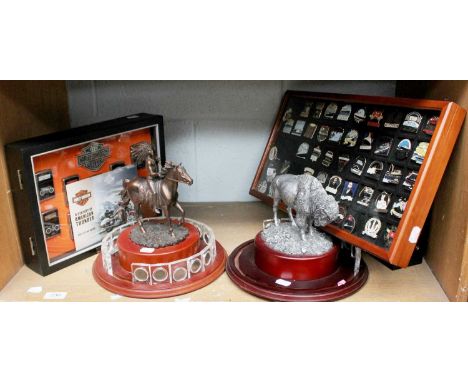 Collection of USA memorabilia including, Harley Davidson cigarette lighter sets, 2 x statuets with coins, a selection of ship