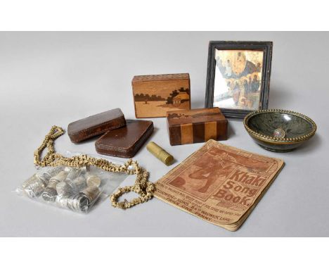 A Tray of Assorted Collectables, including two marquetry puzzle boxes, a turned serpentine bowl, an icon miniature in Renaiss