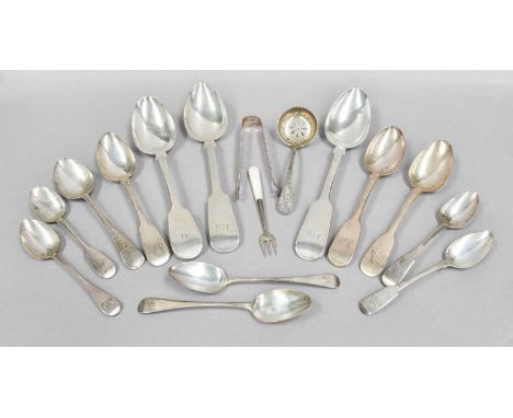 A Collection of Assorted George III and Later Flatware, mostly Fiddle or Old English pattern, variously engraved with initial