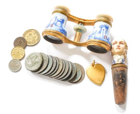 A Collection of Assorted Items, comprising a pair of gilt-metal and enamel opera glasses; a porcelain bottle-stopper in the f