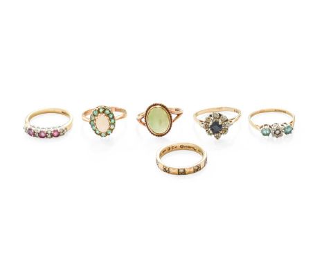 Six 9 Carat Gold Gem-Set Rings, including a sapphire and diamond example, an opal and emerald example, an emerald and diamond