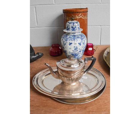 A 19th Century Delft Blue and White Ovoid Vase and Cover, marked PVB underneath (a/f), together with an Arts &amp; Crafts too