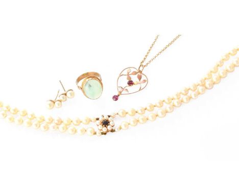 A Small Quantity of Jewellery, including a double row cultured pearl necklace, with a garnet and cultured pearl cluster clasp