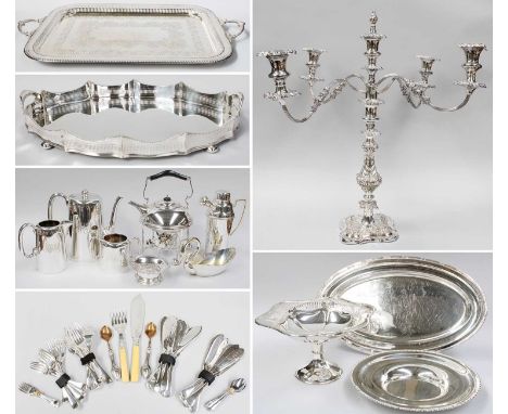 A Collection of Assorted Silver Plate, including a shaped oval gallery tray with pierced sides; an oblong tray with gadrooned