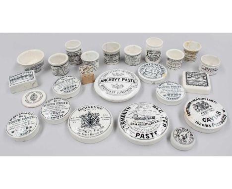 A Group of 19th Century Pottery Advertising Jars and Lids, including caviar, toothpaste etcLidsAnchovy Paste - two large chip