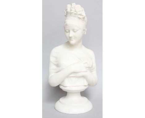 A White Marble Bust of a Maiden, on a plinth base, signed E Baratta CarrarFirst hald of the 20th century37cm high including s