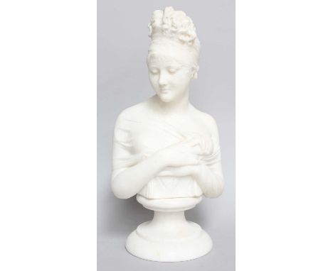 A White Marble Bust of a Maiden, on a plinth base, signed E Baratta CarrarFirst hald of the 20th century37cm high including s