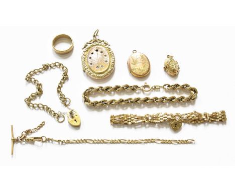 A Quantity of Jewellery, including a 9 carat gold basket pendant/charm; a 9 carat gold band ring; a 9 carat gold gate link br