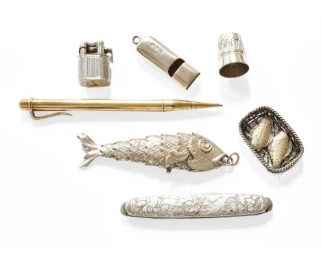 A Collection of Assorted Silver and Objects, including an articulated fish; a whistle; a miniature Dunhill lighter; a gold ca