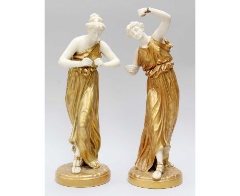 Two Royal Worcester Gilt and Blush Ivory Figures of Classical Maidens, model No. 1827 and 1828, tallest 33cm (a.f) (2)Model 1