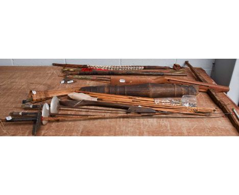 A Pair of Fencing Foils, an Indian Tulwar, an Indian axe, a reproduction sword, a crossbow, a mealie spoon, a leather quiver,