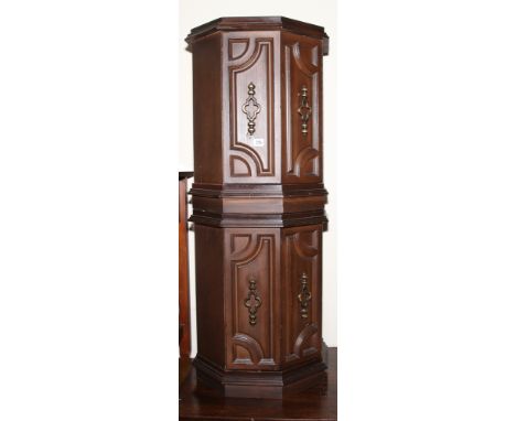 Pair of octagonal dark oak lamp tables with cupboards under 