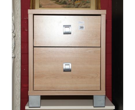 Cream four drawer bedside chest, white 2 drawer bedside chest and a light  beech finished bedside chest with 2 drawers 