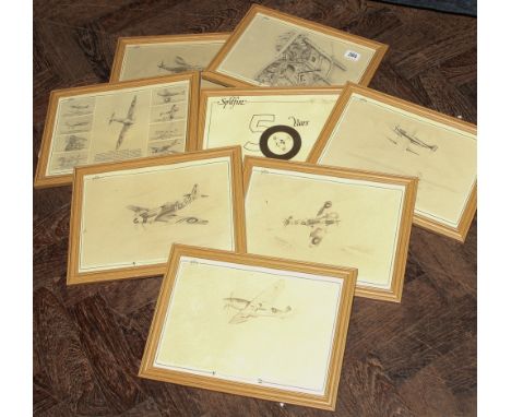 Set of 8 light oak framed aircraft prints 