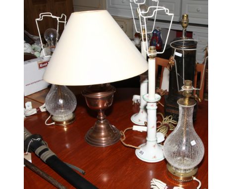 Pair of crackle glass table lamps, barrel lamp and a copper lamp