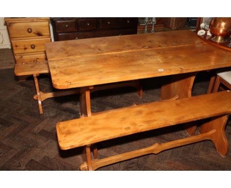 Heavy rustic light oak plank top refectory style kitchen table and a pair of matching benches 