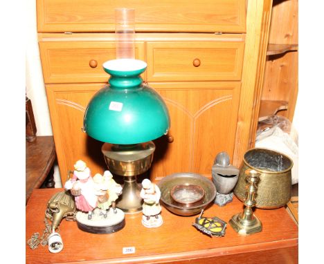 Metal oil lamp, pewter spoon warmer, brass jardinere, light fitting, figure ornaments etc. 