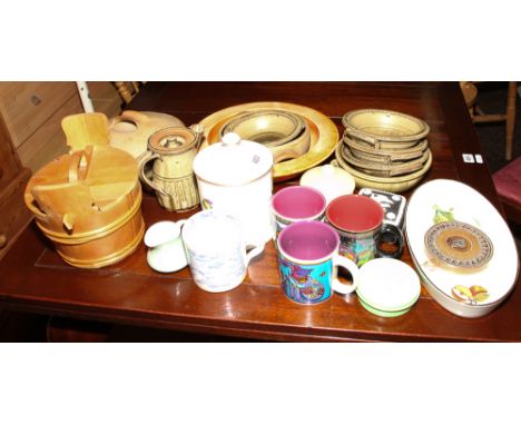 Pottery bowl, mugs, Worcester dish, biscuit barrel etc. 