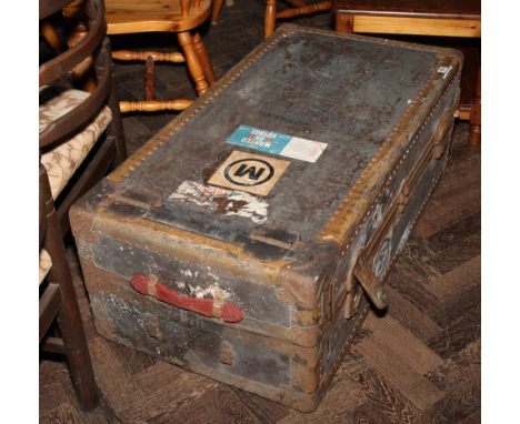 Large metal bound heavy fitted travelling trunk 