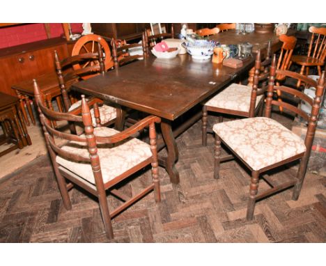 5' oak refectory style dining table and 6 ladder back style chairs with tapestry seats, 4 standards 2 carvers 