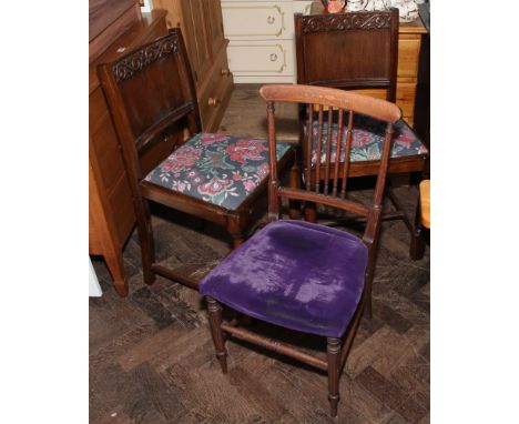 Pair of oak panel back dining chairs and a mahogany dining chair 