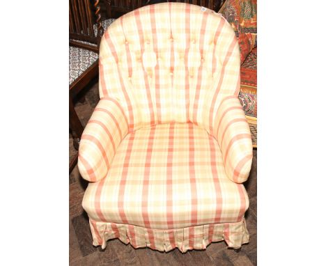 Victorian style check upholstered tub shaped easy chair with button back 