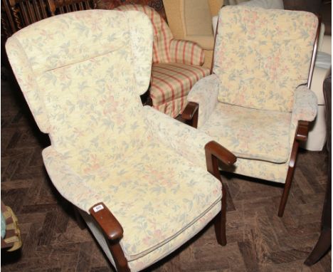 Wingbacked fireside chair in cream and floral figured covering and a similar button backed fire side chair 